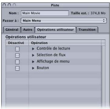 APPLE DVD STUDIO PRO 4 - Onglet Opérations utilisateur de l'inspecteur de piste - 1