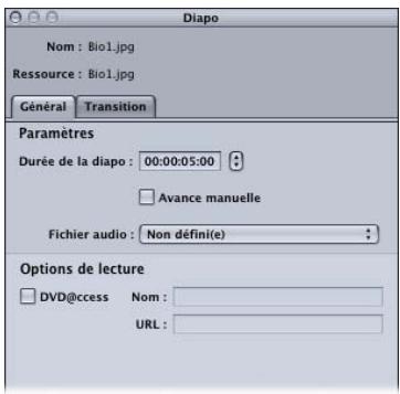 APPLE DVD STUDIO PRO 4 - Onglet Général dans l'inspecteur de diapositive - 1