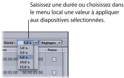 APPLE DVD STUDIO PRO 4 - Pour changer en une valeur fixe la durée de la diapositive sélectionnée en utilisant l'éditeur de diaporama : - 1