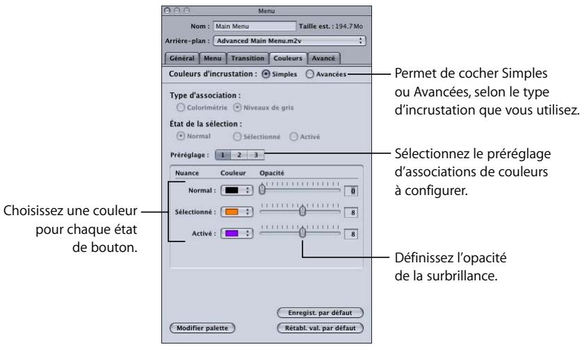 APPLE DVD STUDIO PRO 4 - Onglet Couleurs de l'inspecteur de menu avec l'option Simples cochée - 1