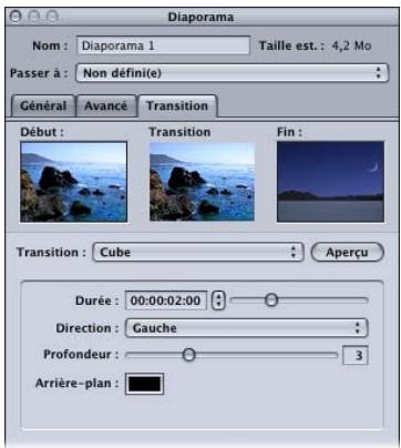 APPLE DVD STUDIO PRO 4 - Onglet Transition dans l'inspecteur de diaporama - 1