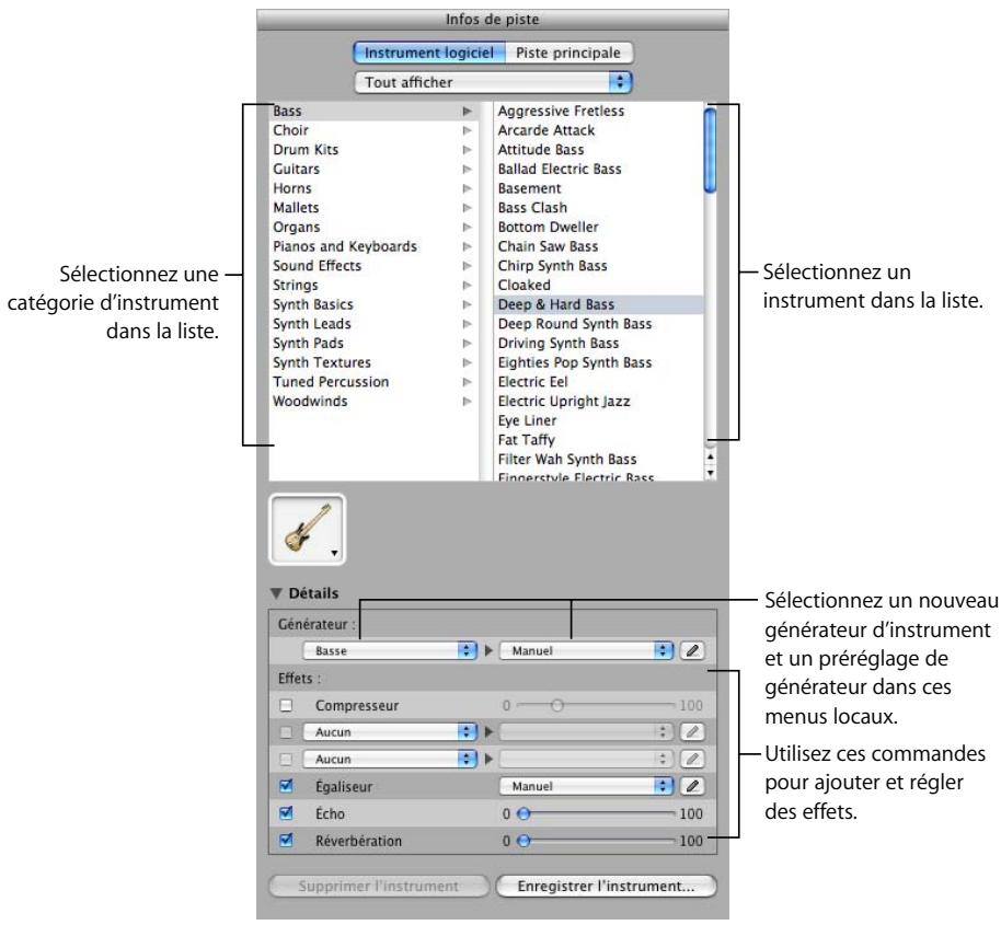 APPLE GARAGEBAND 3 - Pour changer l'instrument d'une piste d'instruments logiciels : - 1