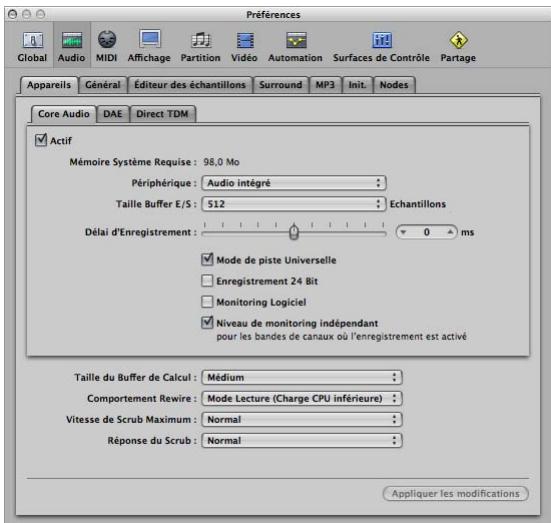 APPLE LOGIC PRO 8 - Pour ouvrir les préférences relatives aux périphériques audio, effectuez l'une des opérations suivantes : - 1