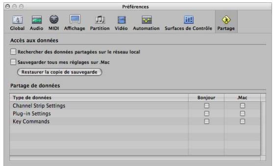 APPLE LOGIC PRO 8 - Pour ouvrir la fenêtre des préférences Partage, effectuez l'une des opérations suivantes : - 1