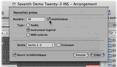 APPLE LOGIC PRO 8 - Options de création de pistes d'instruments logiciels dans la zone de dialogue Nouvelles pistes - 1