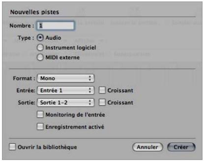 APPLE LOGIC PRO 8 - Options de création de pistes audio dans la zone de dialogue Nouvelles pistes - 1