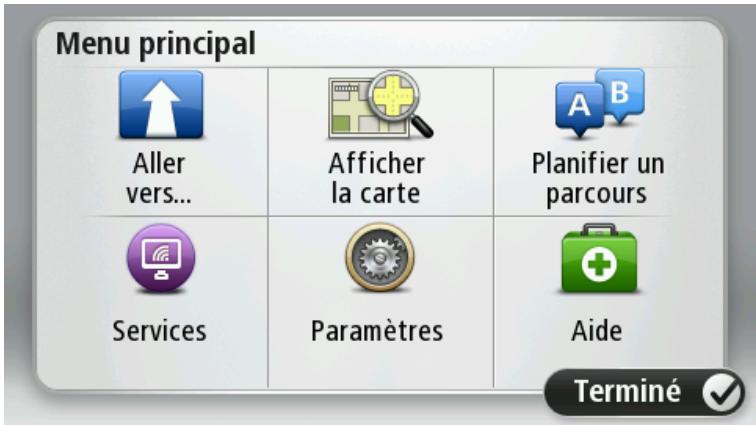 Menu principal Aller vers... Afficher la carte Planifier un parcours Services Paramètres Aide Terminé