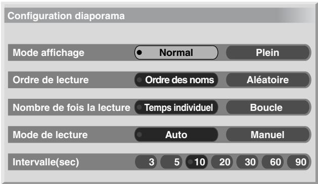 PIONEER PDP-434HDE - Configuration de lancement de diaporama. Une page de vignettes étant affichée, appuyez sur VERT pour ouvrir la page de définition du diaporama, c'est-à-dire de la fonction qui affiche les images l'une après l'autre. - 1