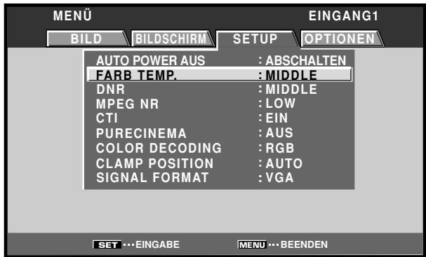 PIONEER PDA-5003 - Betätigen Sie / zur Wahl von [FARB TEMP.], und drücken Sie dann SET. - 1