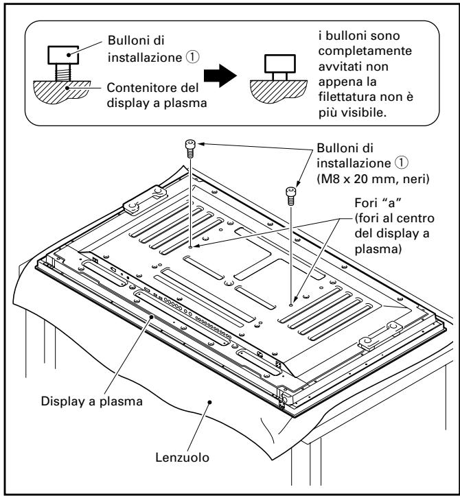 PIONEER PDK-TS23 - Con il display a plasma in posizione orizzontale, inserite e serrate i due bulloni di installazione ① (M8 x 20 mm, neri) nei fori "a" posizionati al centro del contenitore del display a plasma. - 1
