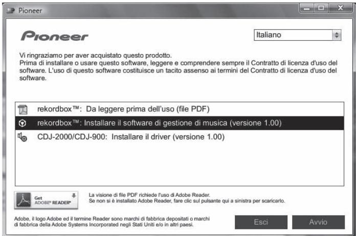 PIONEER CDJ-2000 - Quando viene visualizzato il menu del CD-ROM, selezionare [rekordbox: Installare il software di gestione di musica] e quando fareciesu [Avvio]. - 1