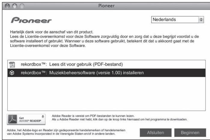 PIONEER CDJ-2000 - Wonneer het menu van de CD-ROM verschijnt, stelt u in op [rekordbox: Muziekbeheersoftware installeren] en klikt u op [Beginnen]. - 1