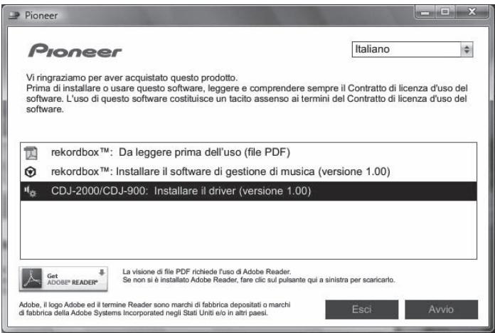 PIONEER CDJ-2000 - Quando viene visualizzato il menu del CD-ROM, selezionare [CDJ-2000/CDJ-900: Installare il driver] e quindi fareblick su [Avvio]. - 1