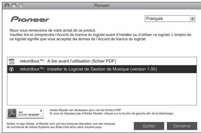 PIONEER CDJ-2000 - Lorsque le menu du CD-ROM apparait, selectionnez [rekordbox: Installer le Logiciel de Gestion de Musique], puis cliquez sur [Demarrer]. - 1