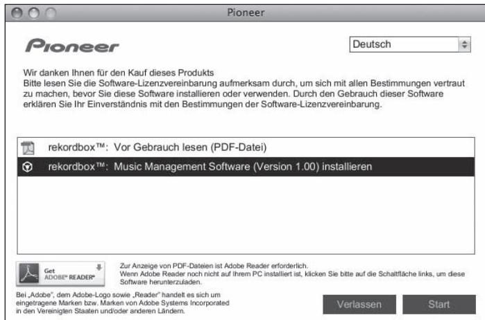 PIONEER CDJ-2000 - Wenn das CD-ROM-Menu angezeigt wird, wahren Sie [rekordbox: Music Management Software installieren] und klichen dann auf [Start]. - 1