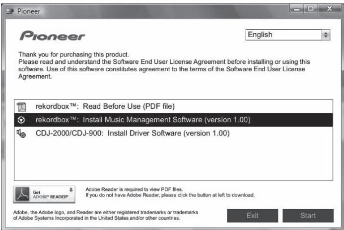 PIONEER CDJ-2000 - When the CD-ROM's menu is displayed, select [rekordbox: Install Music Management Software], then click [Start]. - 1