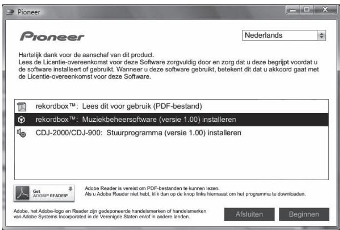 PIONEER CDJ-2000 - Wonneer het menu van de CD-ROM verschijnt, stelt u in op [rekordbox: Muziekbeheersoftware installeren] en klikt u op [Beginnen]. - 1
