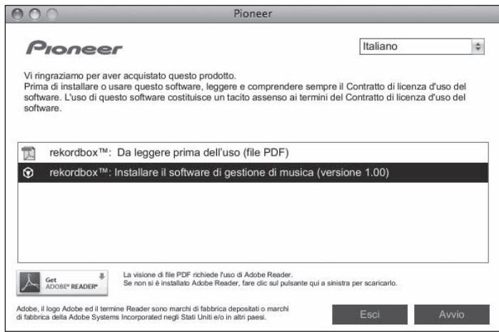 PIONEER CDJ-2000 - Quando viene visualizzato il menu del CD-ROM, selezionare [rekordbox: Installare il software di gestione di musica] e quando fareciesu [Avvio]. - 1