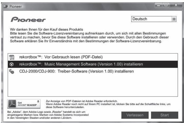 PIONEER CDJ-2000 - Wenn das CD-ROM-MENU angezeigt wird, wahren Sie [rekordbox: Music Management Software installmenten] und klichen dann auf [Start]. - 1
