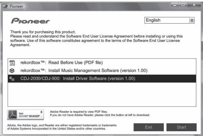 PIONEER CDJ-2000 - When the CD-ROM's menu is displayed, select [CDJ-2000/CDJ900: Install Driver Software], then click [Start]. - 1