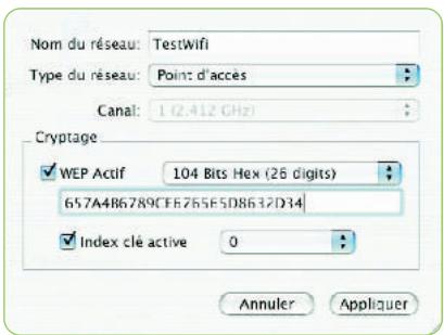 Nom du réseau: Testwifi Type du réseau: Point d'acces Canal: 1 (2.412 GHz) Cryptage ✓ WEP Actif 104 Bits Hex (26 digits) 657A4B6789CF6765E5D8632D34 ✓ Index clé active 0 Annuler Appliquer