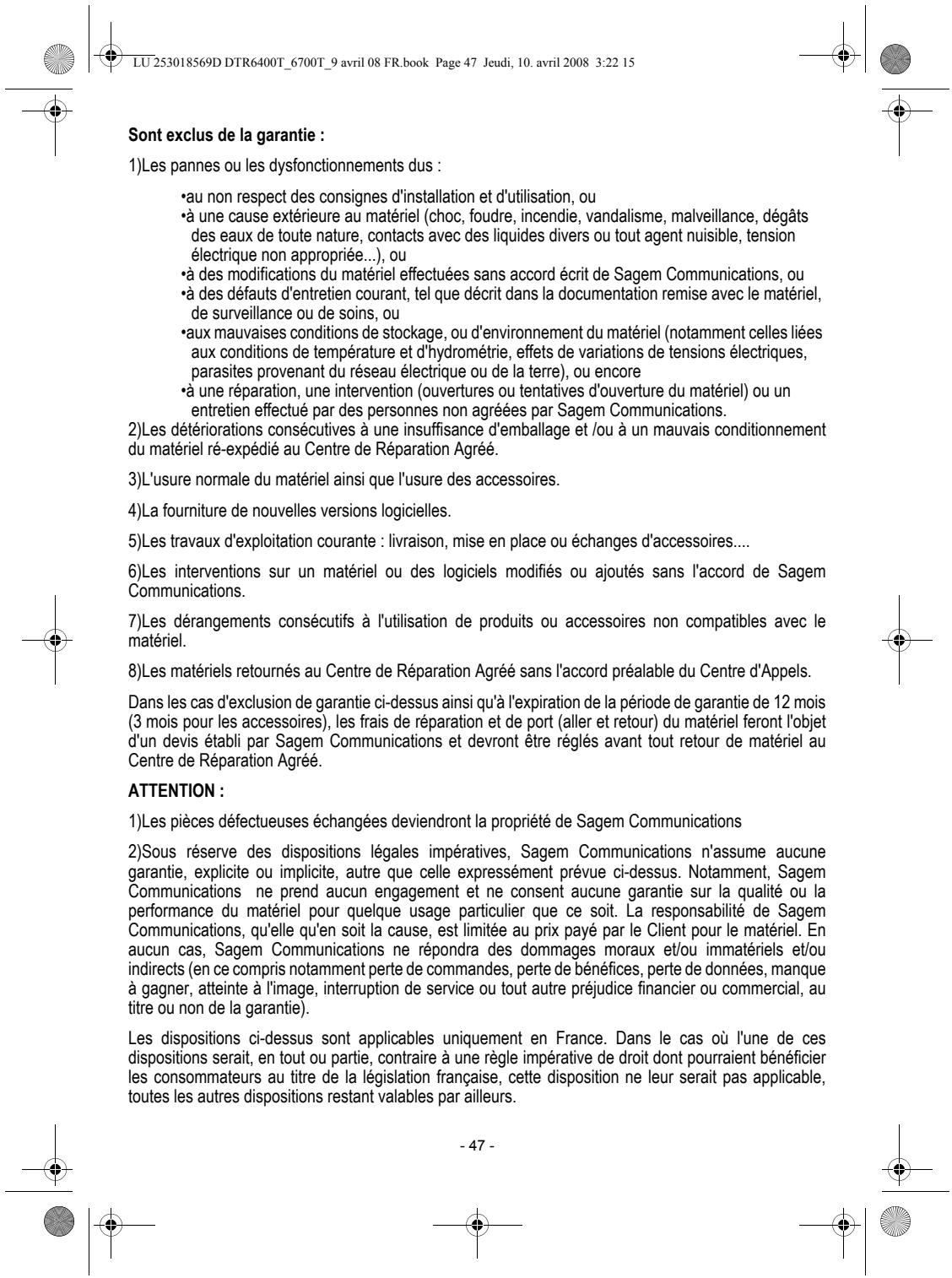 SAGEM DTR 67160 SL-T - AVERTISSEMENT - 4