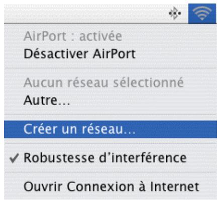 AirPort : activée Désactiver AirPort Aucun réseau sélectionné Autre... Créer un réseau... ✓ Robustesse d'interférence Ouvrir Connexion à Internet