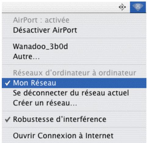AirPort : activée Désactiver AirPort Wanadoo_3b0d Autre... Réseaux d'ordinateur à ordinateur ✓ Mon Réseau Se déconnecter du réseau actuel Créer un réseau... ✓ Robustesse d'interférence Ouvrir Connexion à Internet