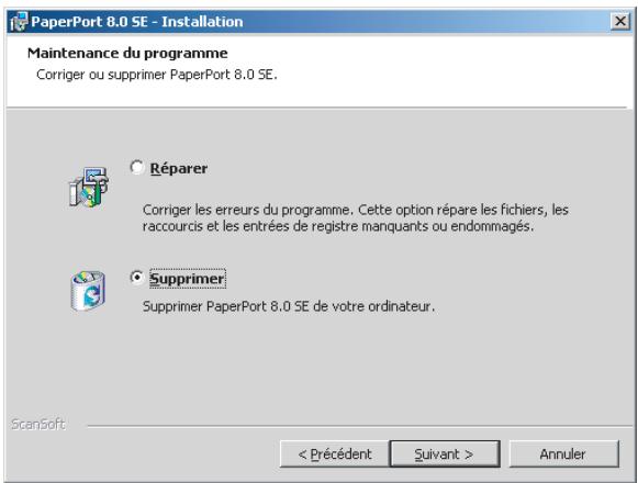 PaperPort 8.0 SE - Installation Maintenance du programme Corriger ou supprimer PaperPort 8.0 SE. Réparer Corriger les erreurs du programme. Cette option répare les fichiers, les raccourcis et les entrées de registre manquants ou endommagés. Supprimer Supprimer PaperPort 8.0 SE de votre ordinateur. ScanSoft < Précédent Suivant > Annuler