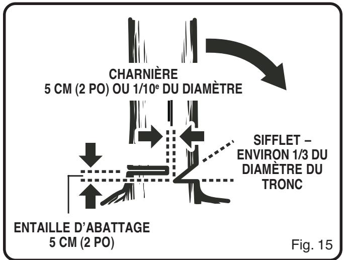 CHARNIÈRE 5 CM (2 PO) OU 1/10° DU DIAMÈTRE ENTAILLE D'ABATTAGE 5 CM (2 PO) SIFFLET – ENVIRON 1/3 DU DIAMÈTRE DU TRONC Fig. 15