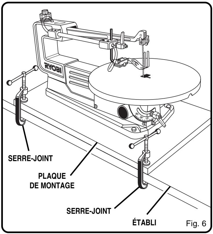RYOBI SC155VS - FIXATION DE LA SCIE À CHANTOURNER À UN ÉTABLI AVEC DES SERRE-JOINTS - 1