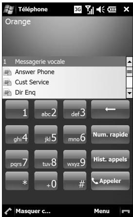 Téléphone Orange 1 Messagerie vocale Answer Phone Cust Service Dir Enq 1 abc 2 def 3 ← ghi 4 jkl 5 mno 6 Num. rapide pqrs 7 tuv 8 wxyz 9 Hist. appels * +0 # Appeler Masquer c... Menu