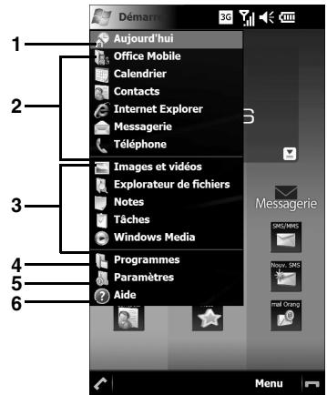 1 2 3 4 5 6 Aujourd'hui Office Mobile Calendrier Contacts Internet Explorer Messagerie Téléphone Images et vidéos Explorateur de fichiers Notes Tâches Windows Media Programmes Paramètres Aide Menu