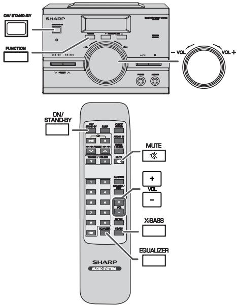 ON/ STAND-BY FUNCTION SHARP VOL+ VOL- ON/ STAND-BY MUTE + VOL - X-BASS EQUALIZER SHARP AUDIO SYSTEM