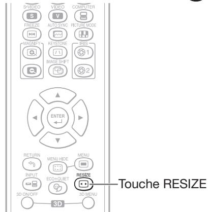8-VIDEO VIDEO COMPUTER FREEZ AUTO SYNC PICTURE MODE MAGNETY KEYSTONE IRIS IMAGE SHIFT 1 2 ENTER RETURN MENU HIDE MENU INPUT ECHOQUET RESIZE 3D ON/OFF 3D 3D MENU Touche RESIZE