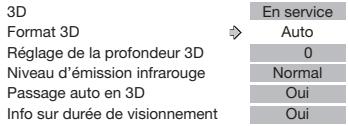 3D Format 3D Réglage de la profondeur 3D Niveau d'émission infrarouge Passage auto en 3D Info sur durée de visionnement En service Auto 0 Normal Oui Oui