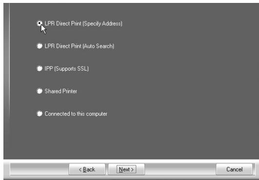 SHARP MX-PB12 - When you are asked how the printer is connected, select [LPR Direct Print (Specify Address)] and click the [Next] button. - 1