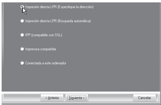 SHARP MX-PB12 - Cuando se le pregunte como se conecta la impressora, seleccione [Impresion directa LPR (Especificar direccion)] y hagablick en el boton [Siguiente]. - 1