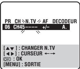 PR CH N.TV AF DECODEUR 06 CH45 ---- +/- A. [▲▼] : CHANGER N.TV [◀▶] : CURSEUR ←→ OK : OK [MENU] : SORTIE