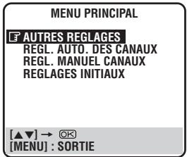 MENU PRINCIPAL AUTRES REGLAGES REGL. AUTO. DES CANAUX REGL. MANUEL CANAUX REGLAGES INITIAUX [▲▼] → Ⓧ [MENU] : SORTIE