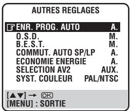 AUTRES REGLAGES ENR. PROG. AUTO O.S.D. B.E.S.T. COMMUT. AUTO SP/LP ECONOMIE ENERGIE SELECTION AV2 SYST. COULEUR AUX. PAL/NTSC [▲▼] → ⚪ [MENU] : SORTIE