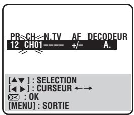 PR-CH-N.TV AF_DECODEUR 12_CH01---- +/- A. [▲▼] : SELECTION [◀] : CURSEUR ←→ OK : OK [MENU] : SORTIE