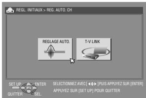 REGL INITIALUX > REG. AUTO.CH RESLAGE AUTO. T-V LINK SET UP ENTER SELECTIONNEZ AVEC PLUS APPLYVEZ SUR (ENTER) QUITTER SELL APPLYVEZ SUR [SET UP] POUR QUITTER