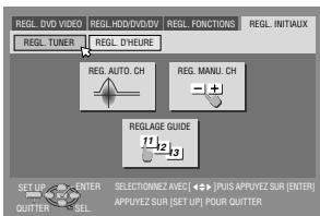 REGL. DVD VIDEO REGL.HDD/DVD/VO REGL.FONCTIONS REGL.INITAUX REGL.TUNER REGL.DYHEURE REG. AUTO. CH REG. MANU. CH REGLAGE GUIDE SET UP ENTER SELECTIONEZ AVEC (←) PLUS APPVZE SUR [ENTER] QUITTER SELL APPLYZE SUR [SET UP] POUR QUITTER