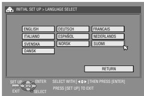INITIAL SET UP > LANGUAGE SELECT ENGLISH DEUTSCH FRANCAIS ITALIANO ESPANÖL NEDERLANDS SYVENSKA NORSK SUDMI DANSK RETURN SET UP ENTER SELECT WITH (→) THEN PRESS (ENTER) EXIT SELECT PRESS [SET UP] TO EXIT