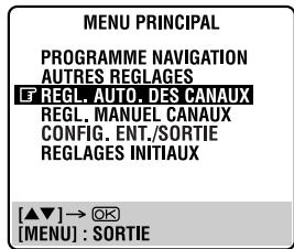 MENU PRINCIPAL PROGRAMME NAVIGATION AUTRES REGLAGES ☑ REGL. AUTO. DES CANAUX REGL. MANUEL CANAUX CONFIG. ENT./SORTIE REGLAGES INITIAUX [▲▼] → OK [MENU] : SORTIE