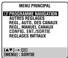 MENU PRINCIPAL E PROGRAMME NAVIGATION AUTRES REGLAGES REGL. AUTO. DES CANAUX REGL. MANUEL CANAUX CONFIG. ENT./SORTIE REGLAGES INITIAUX [▲▼] → ⚠ [MENU] : SORTIE