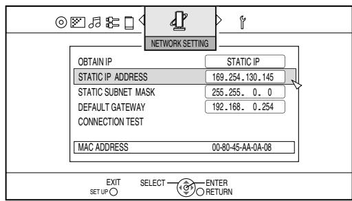 JVC NX-BD3E - Appuyez sur [▼] pour sélectionner "STATIC IP ADDRESS" puis appuyez sur [ENTER]. - 1