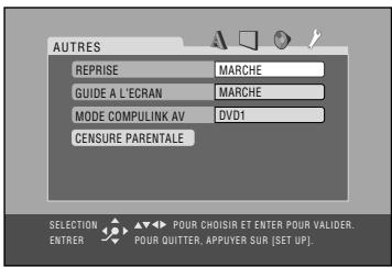 AUTRES REPRISE MARCHE GUIDE A L'ECRAN MARCHE MODE COMPULINK AV DVD1 CENSURE PARENTALE SELECTION POUR CHOISIR ET ENTER POUR VALIDER. ENTRER POUR QUTTER, APPUYER SUR [SET UP].