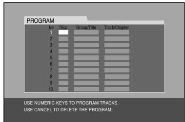 PROGRAM No Disc Group/Time Track/Chapter 1 2 3 4 5 6 7 8 9 10 USE NUMERIC KEYS TO PROGRAM TRACKS. USE CANCEL TO DELETE THE PROGRAM.
